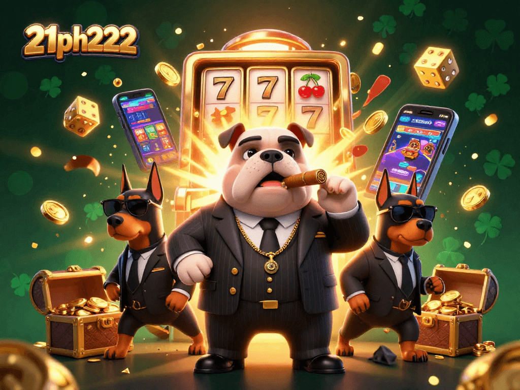 Spin the reels with the 21ph222 mafia boss bulldog and his Doberman bodyguards in a vibrant casino scene.