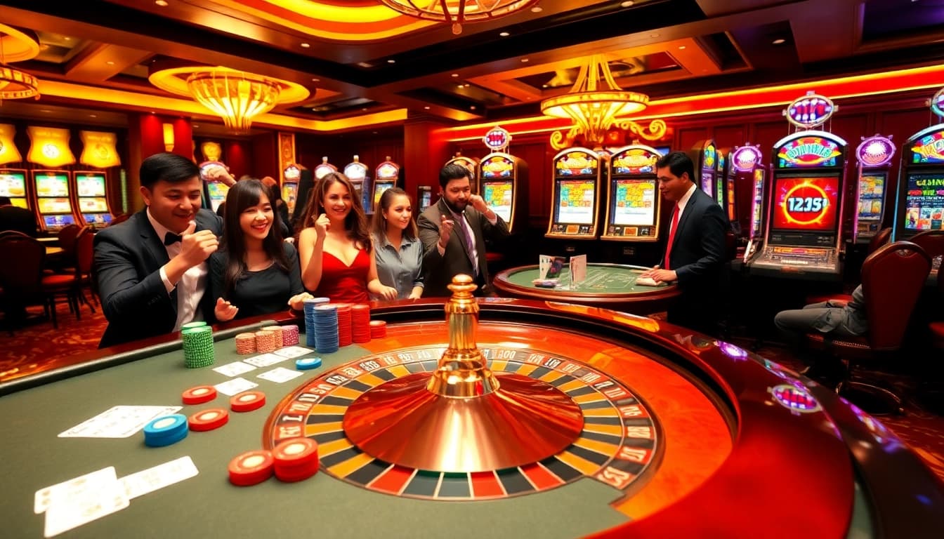 Players engaging in thrilling games at nhà cái fun79's vibrant casino table.