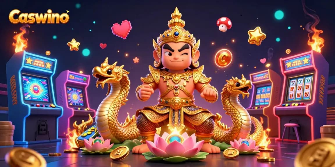 Experience Caswino's vibrant gaming atmosphere with a whimsical temple guardian and dynamic game elements.