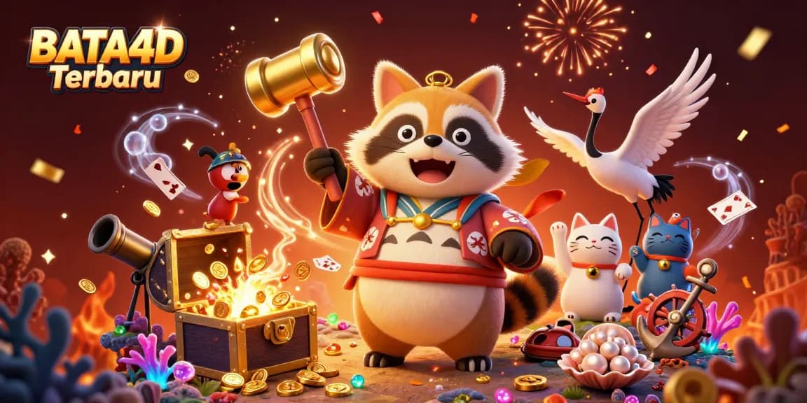 BATA4D Terbaru: Menangkan jackpot saat bermain dengan kucing keberuntungan dan tokoh ceria di latar belakang berbentuk kasino.