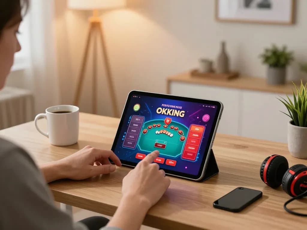 Engaging in poker gameplay on OKKING app, relaxing home office setup with cozy ambiance