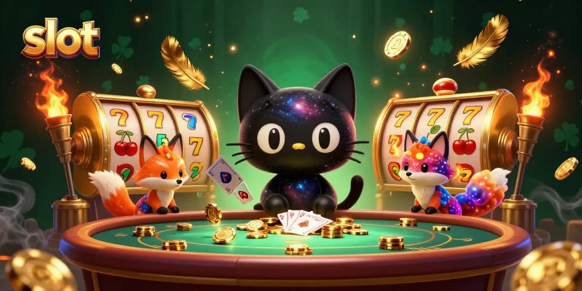Engaging slot gaming scene with a black hole cat and nebula fox enjoying their time at a cosmic casino table.