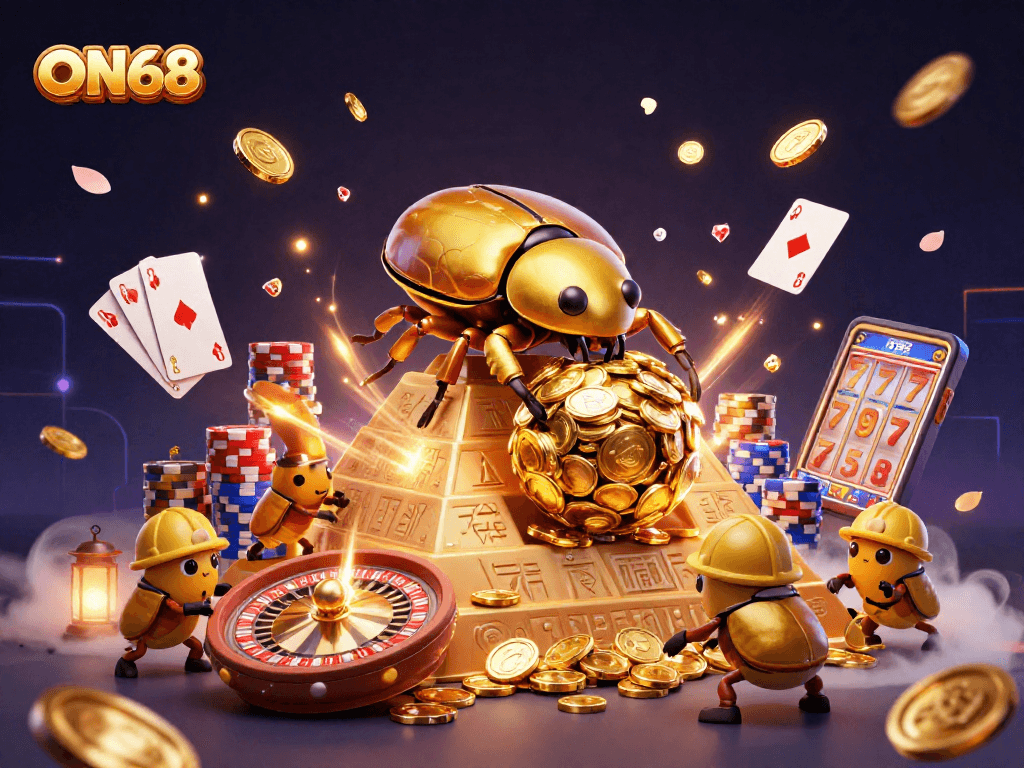 Experience the thrill of ON68 with a vibrant scene of gambling action and golden riches.