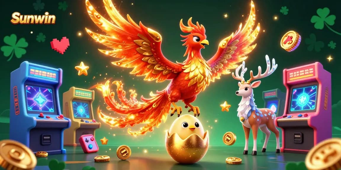 Experience the excitement of Sunwin with vibrant 3D gaming elements and a phoenix rising.