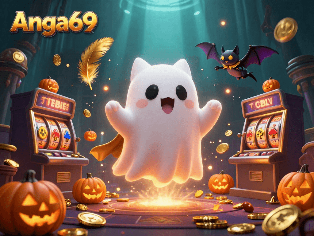 Engage with Angka69 in a thrilling casino scene featuring a friendly ghost cat and vibrant gaming elements