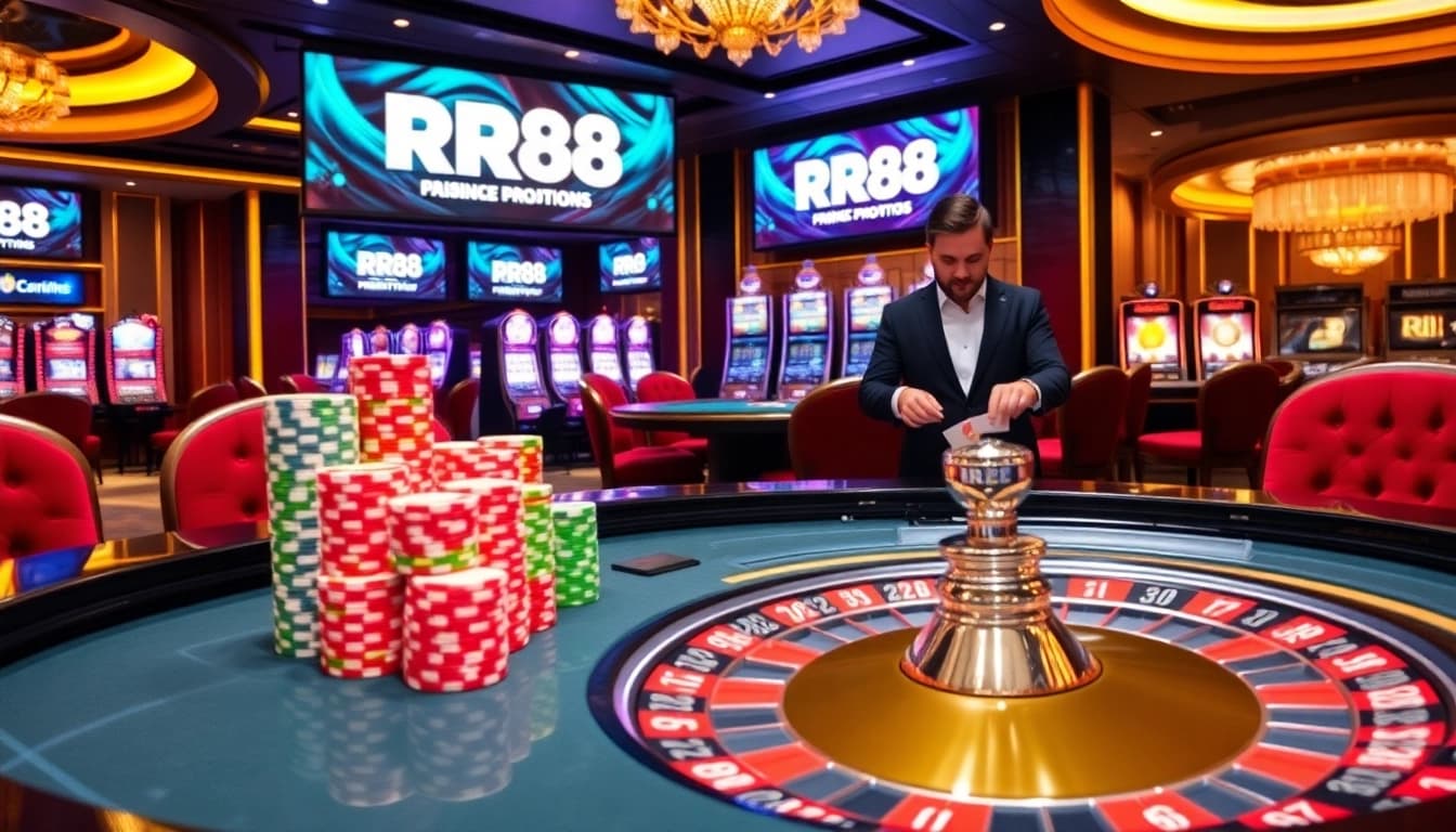 Experience the excitement of RR88 at a luxurious casino table with vibrant chips and cards.