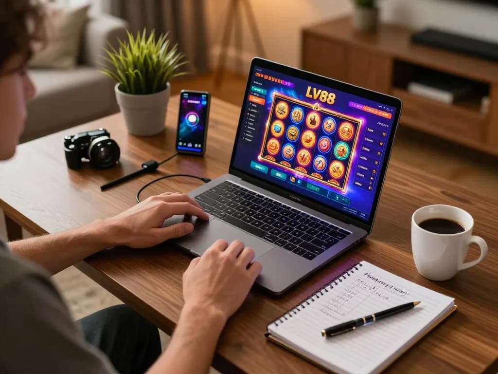 Player enjoying LV88 online slots at home with gaming strategies and vibrant visuals
