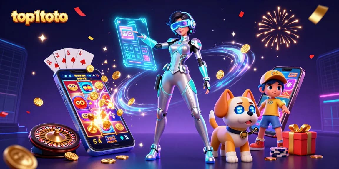 Engage with top1toto's vibrant gaming experience featuring a futuristic woman, a robot dog, and dynamic casino elements.