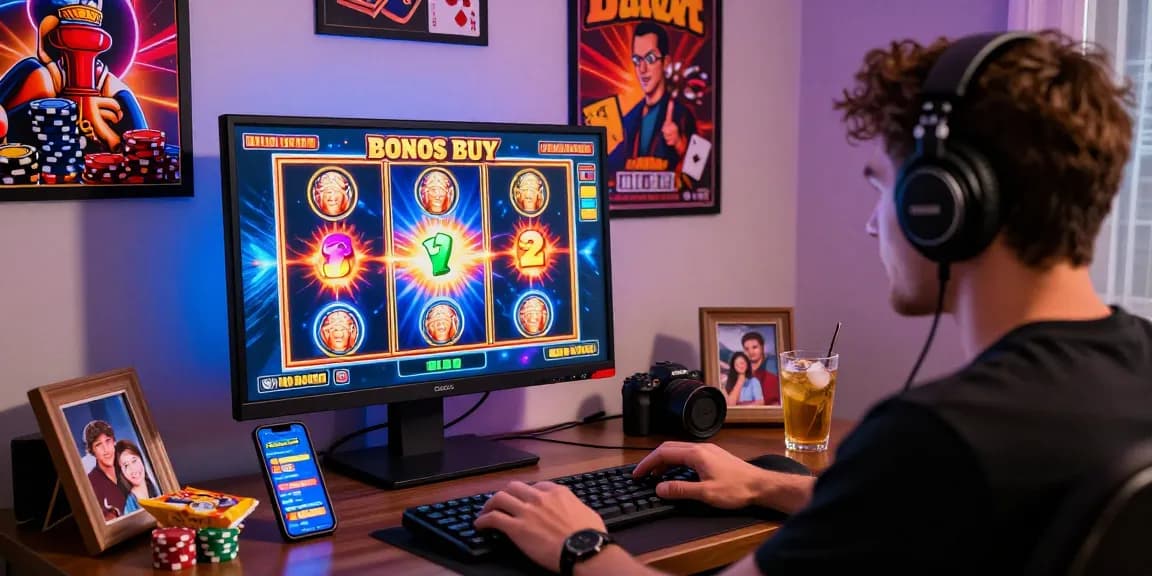 Player enjoying Bonus Buy slots at home, highlighting https://celebratepanto.co.uk/ and vibrant gaming atmosphere.