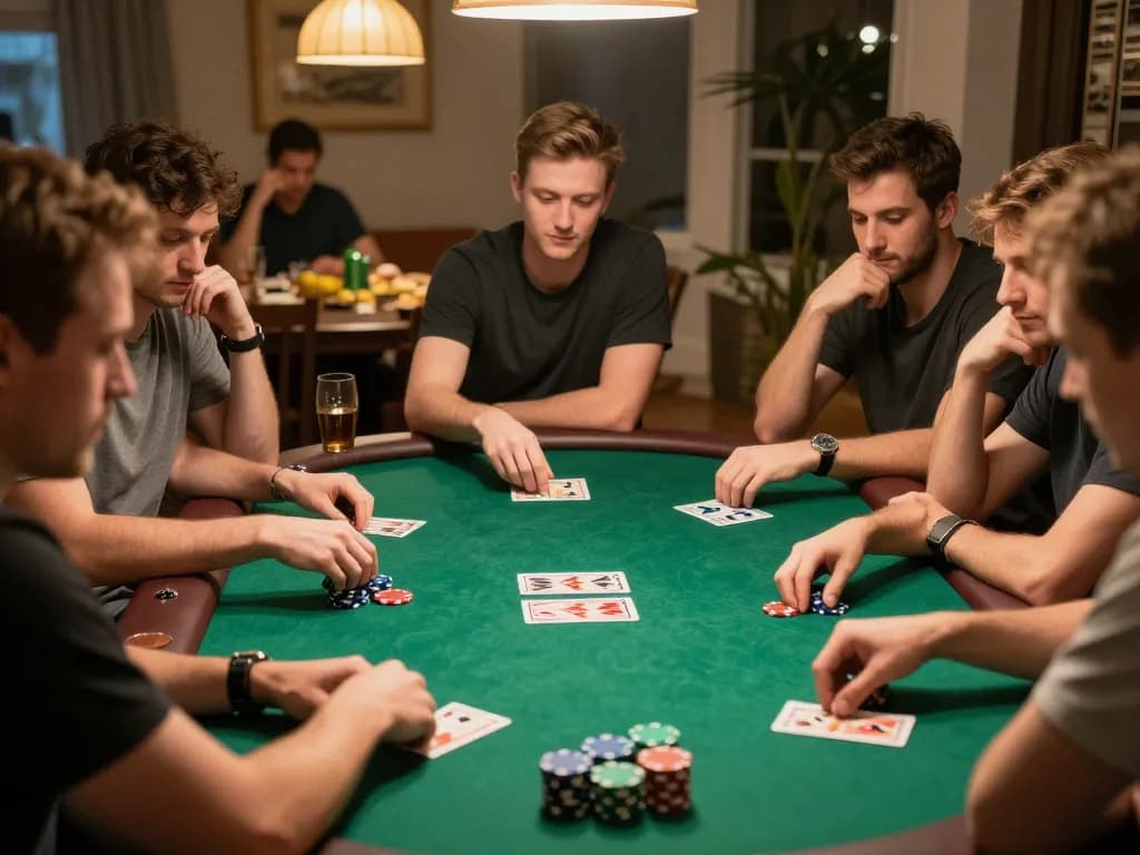 Poker players strategizing in an exciting home game night, featuring casinoatlas themes of competition and camaraderie
