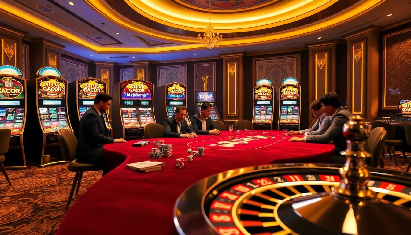Engaging players at Situs Gacor with vibrant slot machines and poker action in a luxurious casino setting.