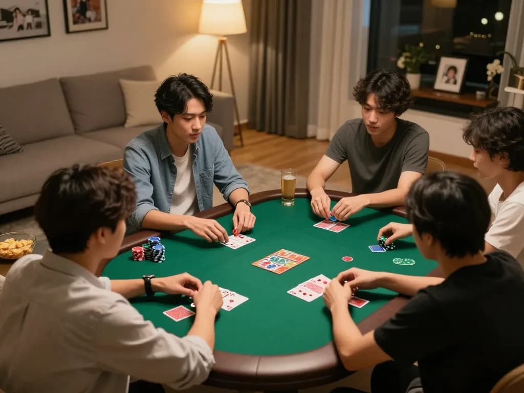 Engaging scene of friends playing Poker Online Domino QQ at home, capturing dynamic gameplay and social interaction.