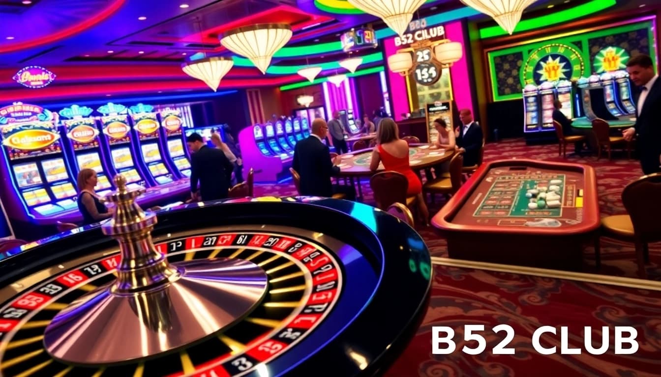 B52 CLUB players engaged at a lively casino gaming table with roulette and slot machines.