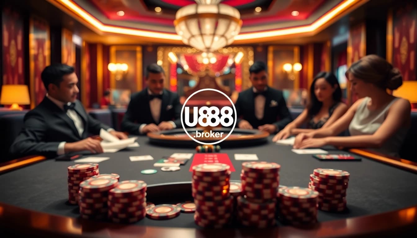 Experience the excitement of gambling at u888.broker with a vibrant casino scene featuring poker and roulette.