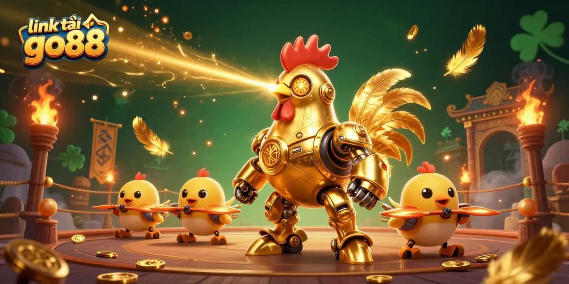 Experience link tải go88 with a dynamic scene featuring a golden rooster robot engaging in a thrilling gambling world.