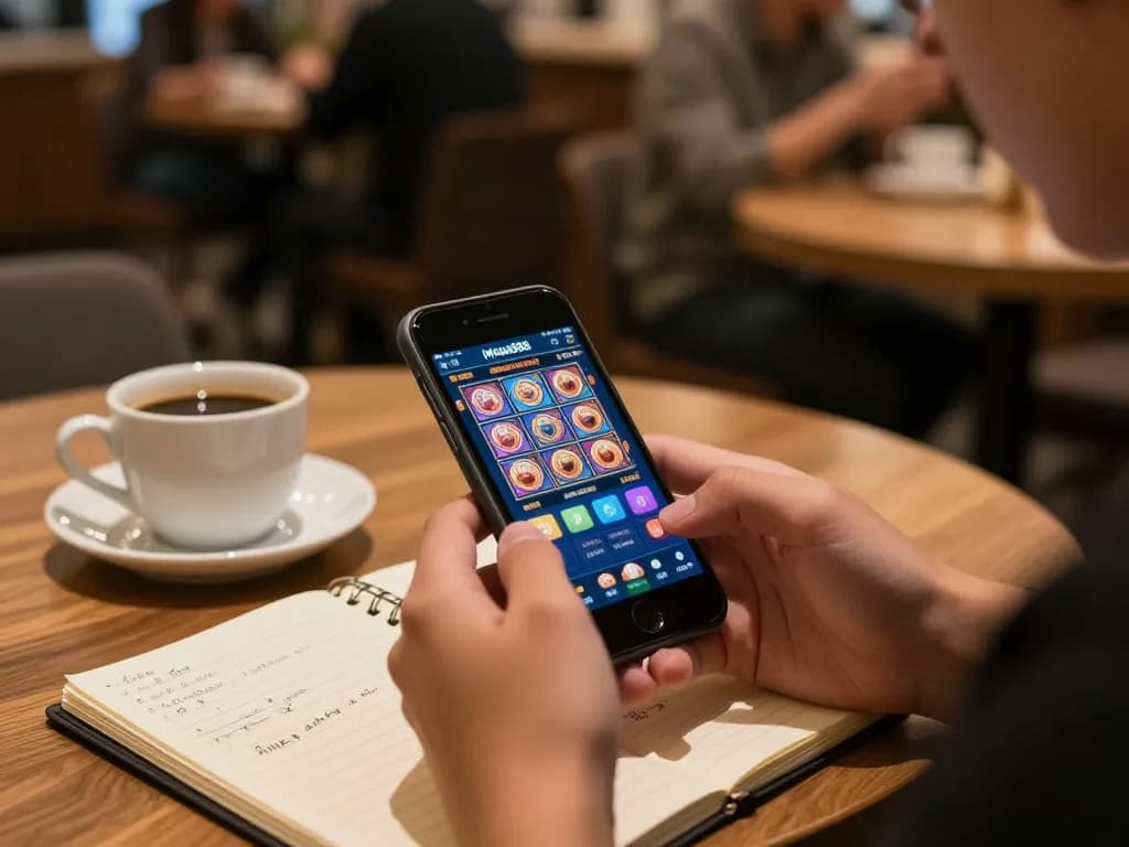 Engaging player enjoying mega888 app on smartphone in a cozy cafe setting while sipping coffee.