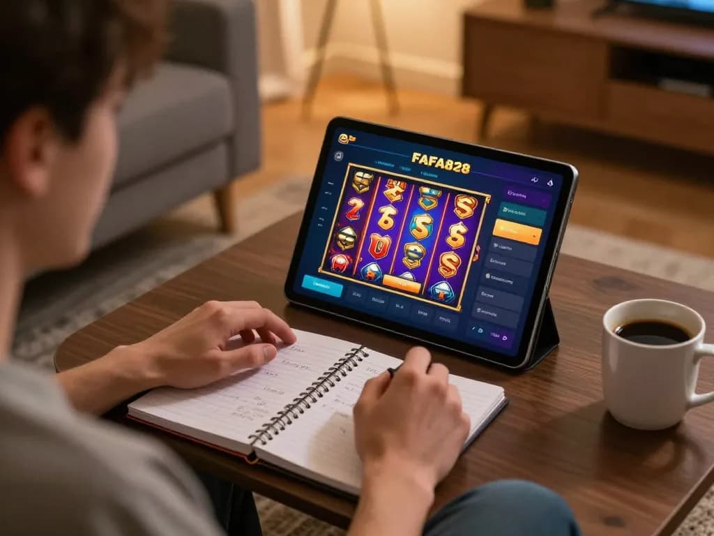 Player interacting with the FAFA828 online platform on a tablet, highlighting user-friendly gaming experience.