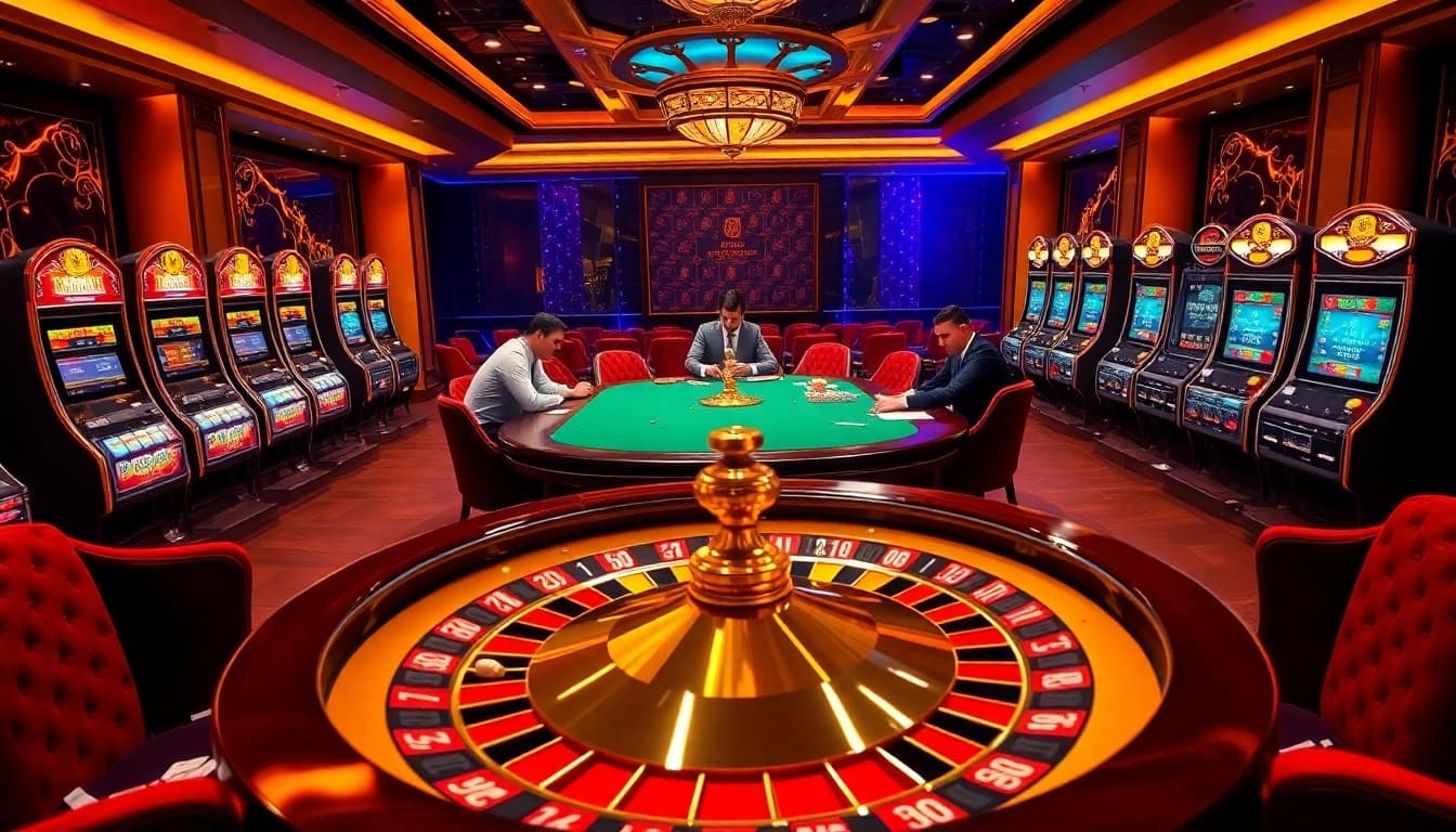 Experience the excitement of gambling at https://kong88.win with vibrant casino scenes filled with roulette wheels, cards, and poker chips.