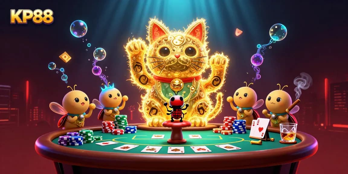 Engage with KP88's vibrant casino world featuring a golden lucky cat, poker elements, and dazzling animations.