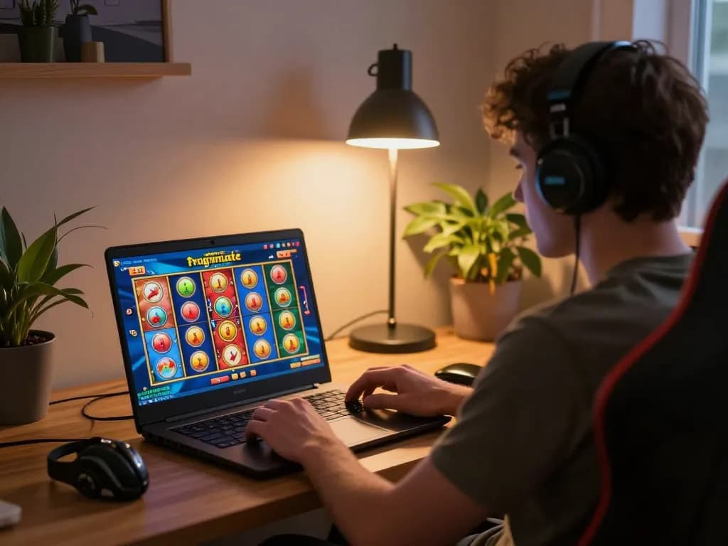 Engaged player enjoying a Pragmatic Slot game on a laptop at home, showcasing online gambling environment