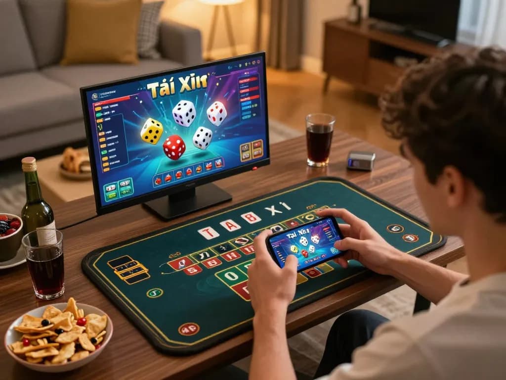 Tài xỉu online gameplay with a player focused on smartphone showing live game action and scoring.