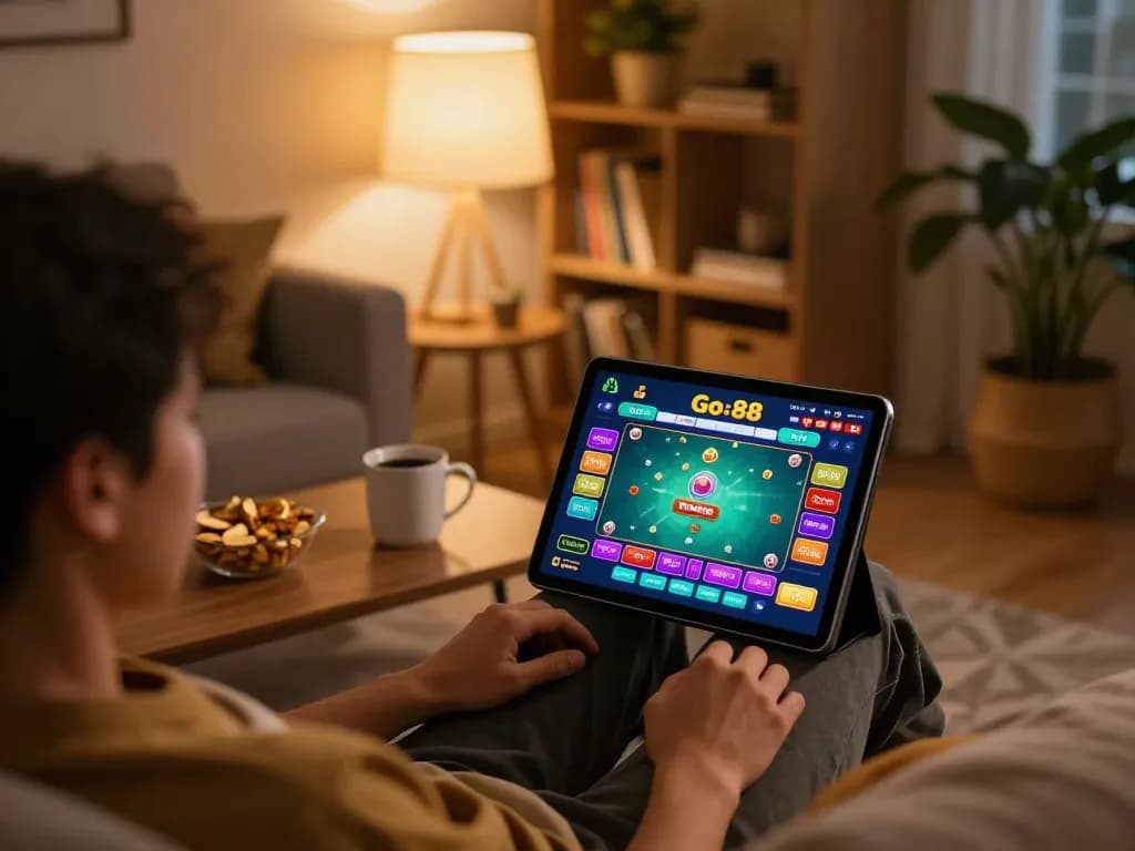 Person engaging with Go 88 online casino game, showcasing a cozy home setting filled with strategic gameplay elements