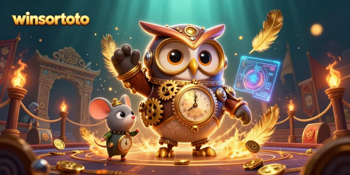 winsortoto presents a dynamic casino scene with a time-traveler owl, gold coins, and steampunk elements.