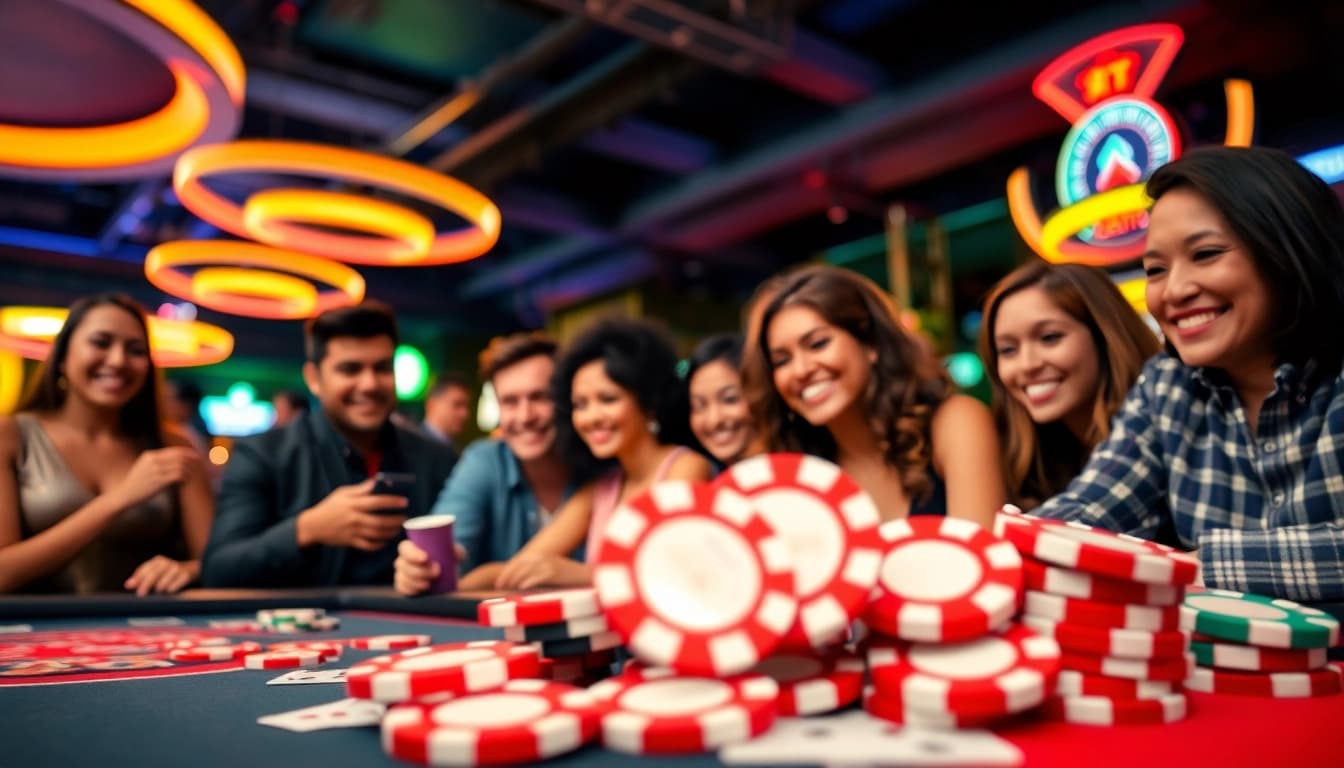 Casinospielen.de zeigt eine lebhafte Casinolandschaft mit Spielern, die begeistert Spiele genießen.