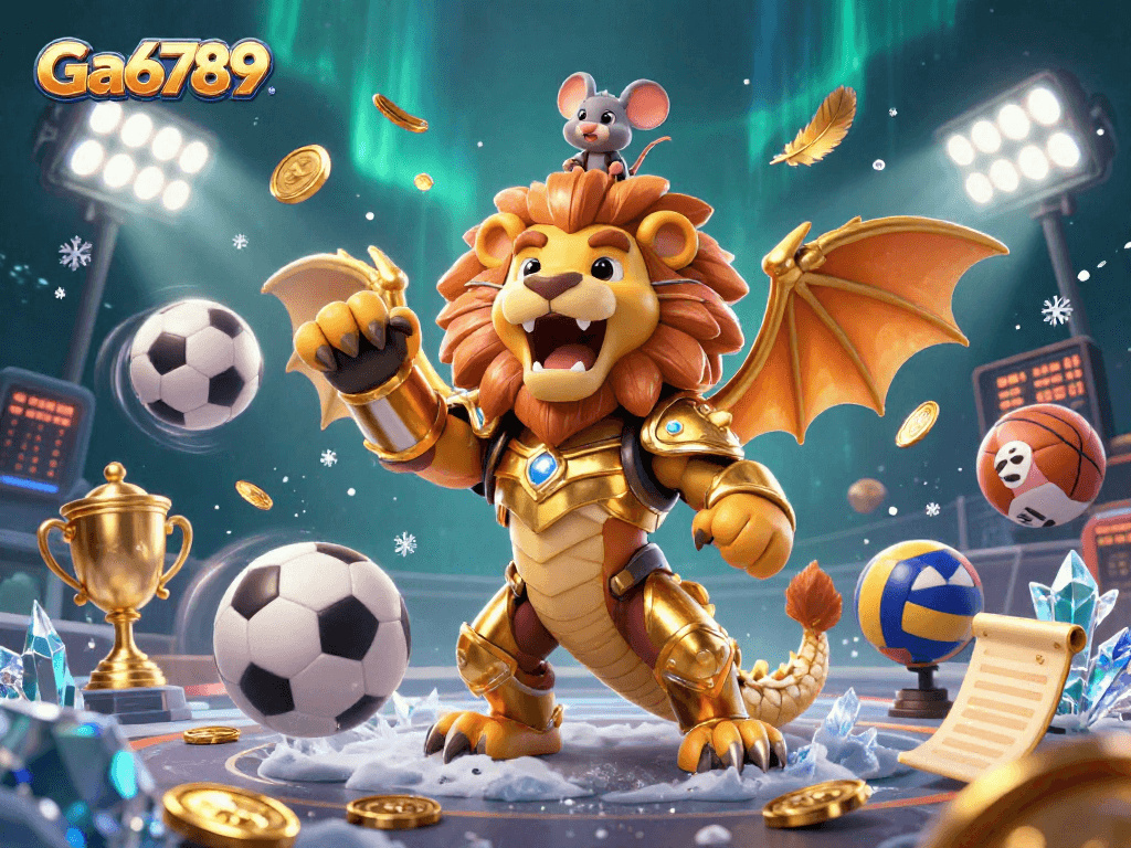 Ga6789 showcases a triumphant chimera and mouse jockey in a dynamic casino sports scene.