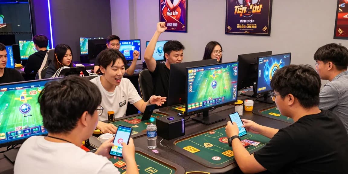Players engaging in game bài đổi thưởng in a lively gaming lounge, showcasing excitement and strategy.