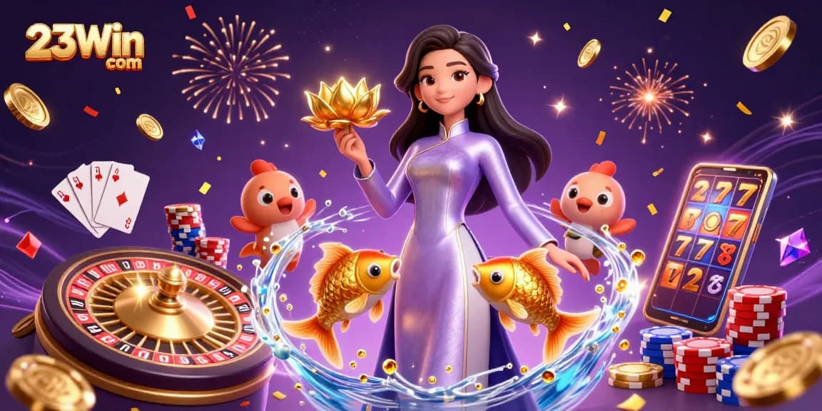 Experience the thrilling action at 23Win com with vibrant Asian-inspired casino illustration featuring games and lucky symbols.