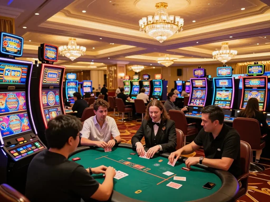 Players enjoying a thrilling game experience at Go88 casino with vibrant slot machines and poker tables.