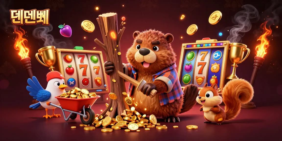 Experience the excitement of 텐텐벳 with a dynamic casino scene featuring cartoon characters and flying slot game elements.