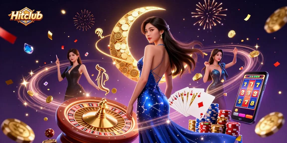 Hitclub casino vibrant illustration capturing thrilling moments of gaming excitement with elegant gameplay elements.