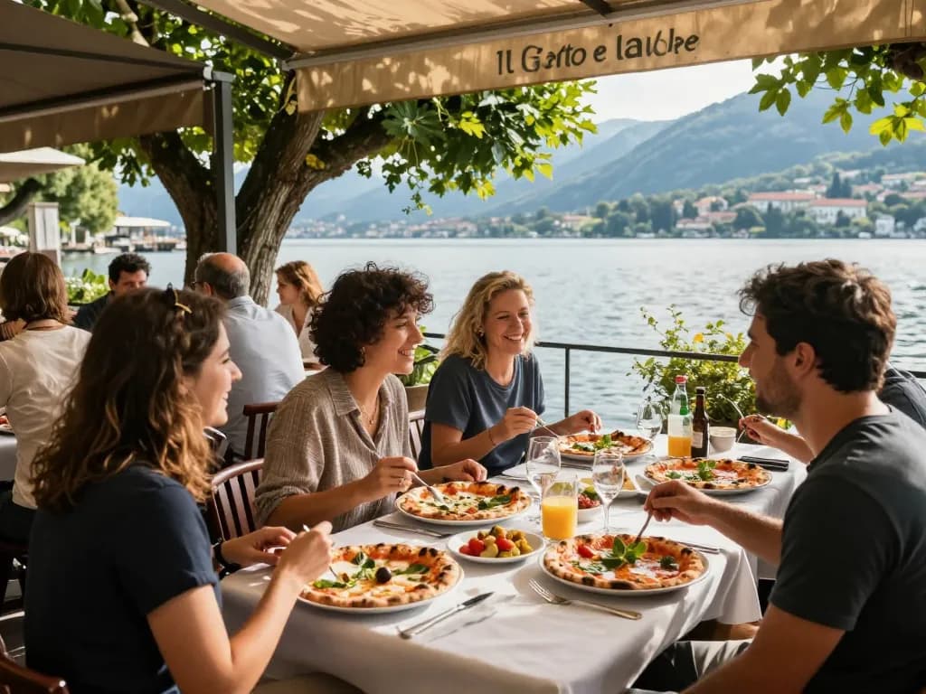 Guests savoring delicious gourmet pizza at gattovolpelago with scenic lake view in the background