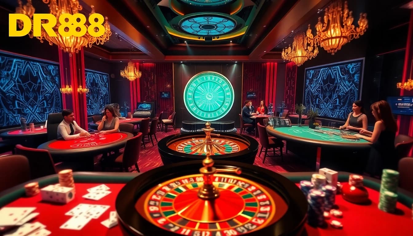 Experience the vibrant atmosphere at DR88 casino with players engaging in thrilling table games and roulette.