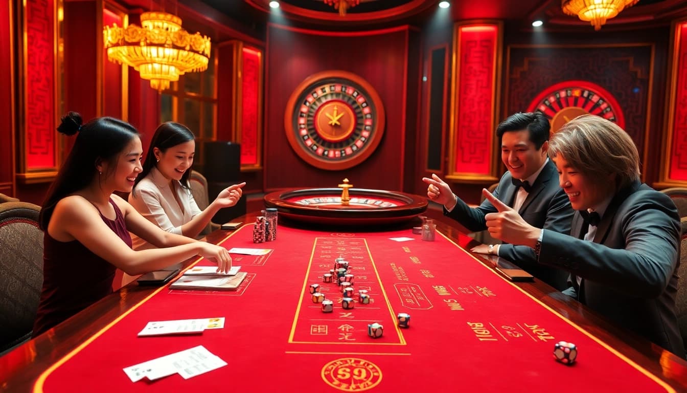 Experience the excitement of game tài xỉu at a luxurious casino table, featuring vibrant dice and sleek betting chips.