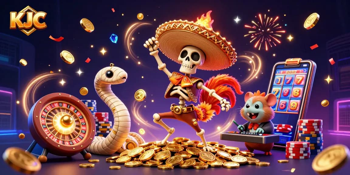KJC showcases a vibrant 3D scene with a mariachi rooster celebrating in a casino, surrounded by dazzling coins and gems.