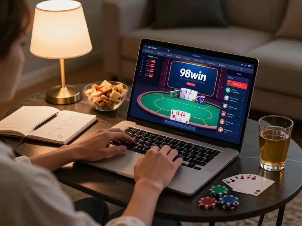 Player engaging with the 98win online casino interface on a laptop, emphasizing responsible gaming.