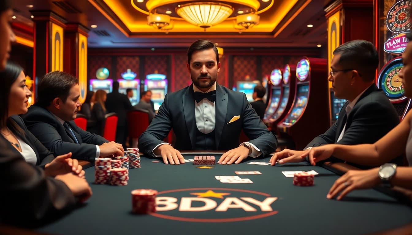 Experience the thrill of poker at 8DAY's luxurious casino, filled with vibrant colors and exciting gameplay.