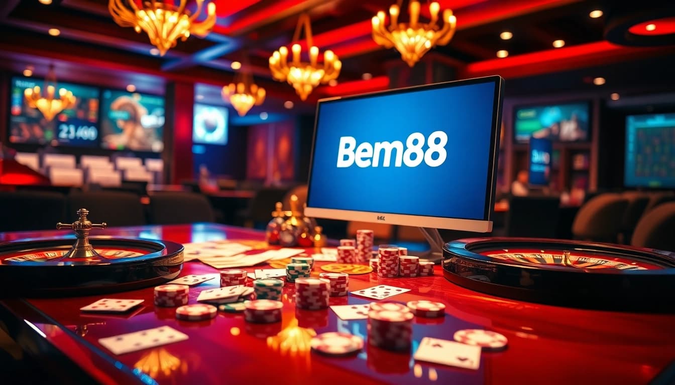 Experience the thrill of online gambling at https://bem88v.com/ with poker chips and cards.