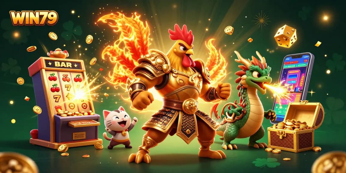 Engage with WIN79's thrilling gaming adventure featuring animated rooster warriors in a vibrant casino.