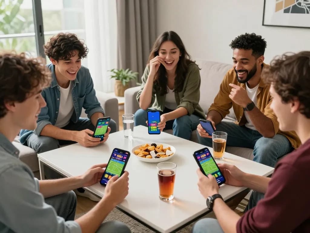 Group of friends engaging with the SC88 betting app in a lively living room.