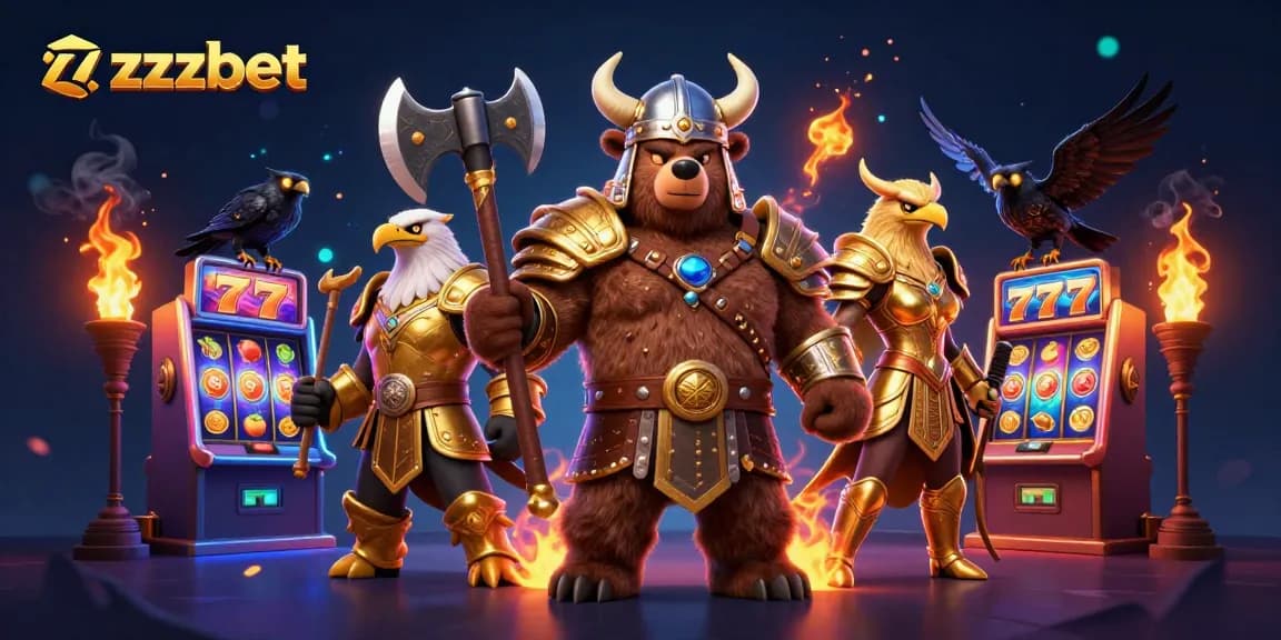 Ganhe prêmios jogando no zzzbet com uma ilustração 3D de um urso Viking e uma águia Valquíria ao lado de máquinas caça-níqueis.