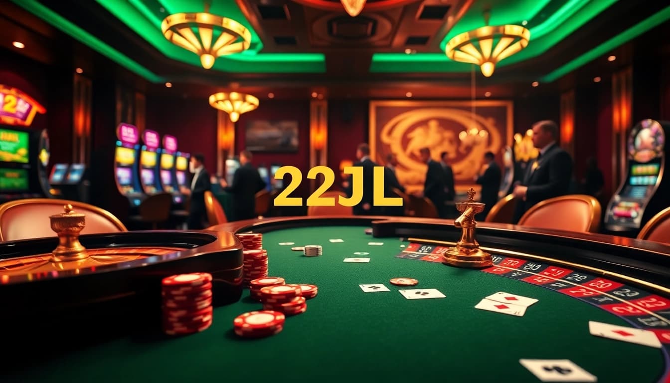 Experience the thrill of 22JL casino gaming with vibrant poker chips and roulette action.
