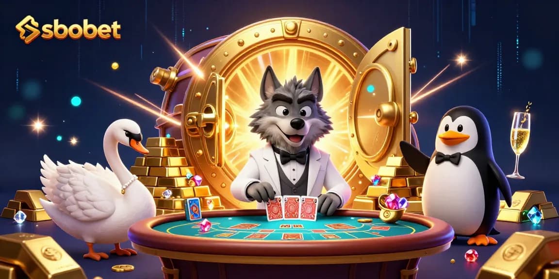 Engage in sbobet betting with a lively 3D scene of a wolf, swan, and penguin in a casino
