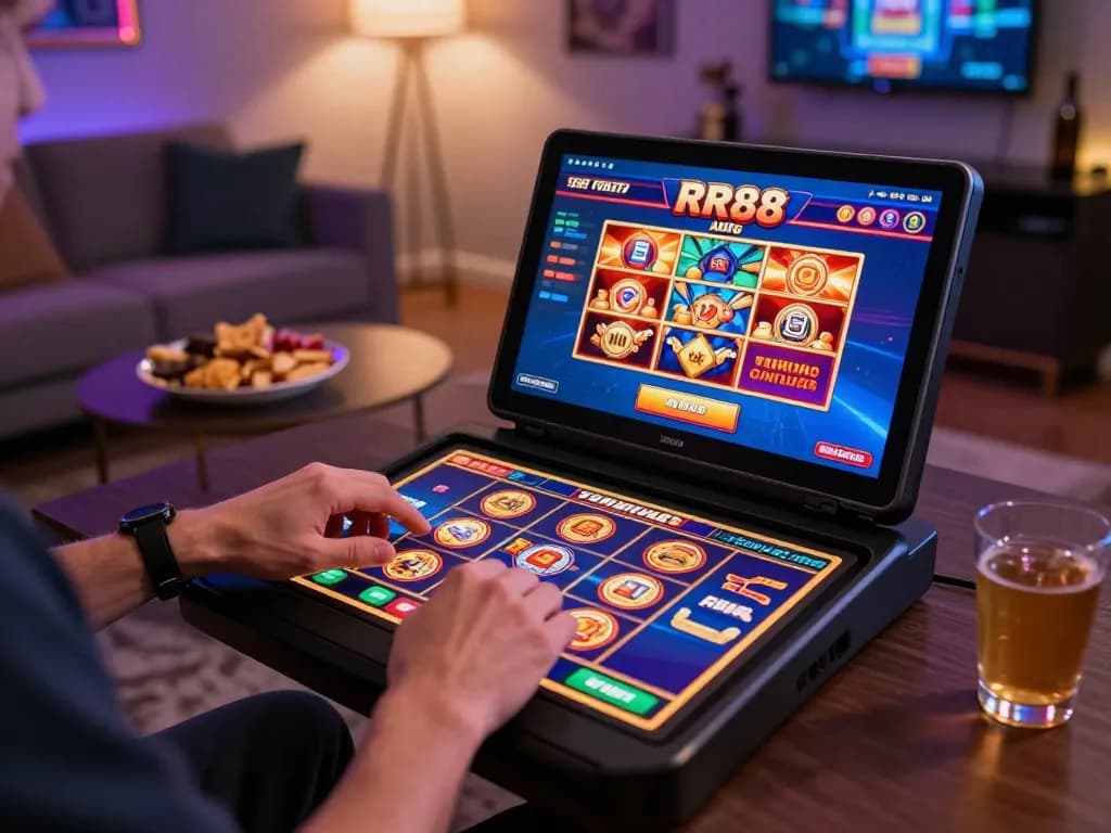Player enjoying RR88 on a tablet, capturing the thrill of online gaming in a cozy setup.