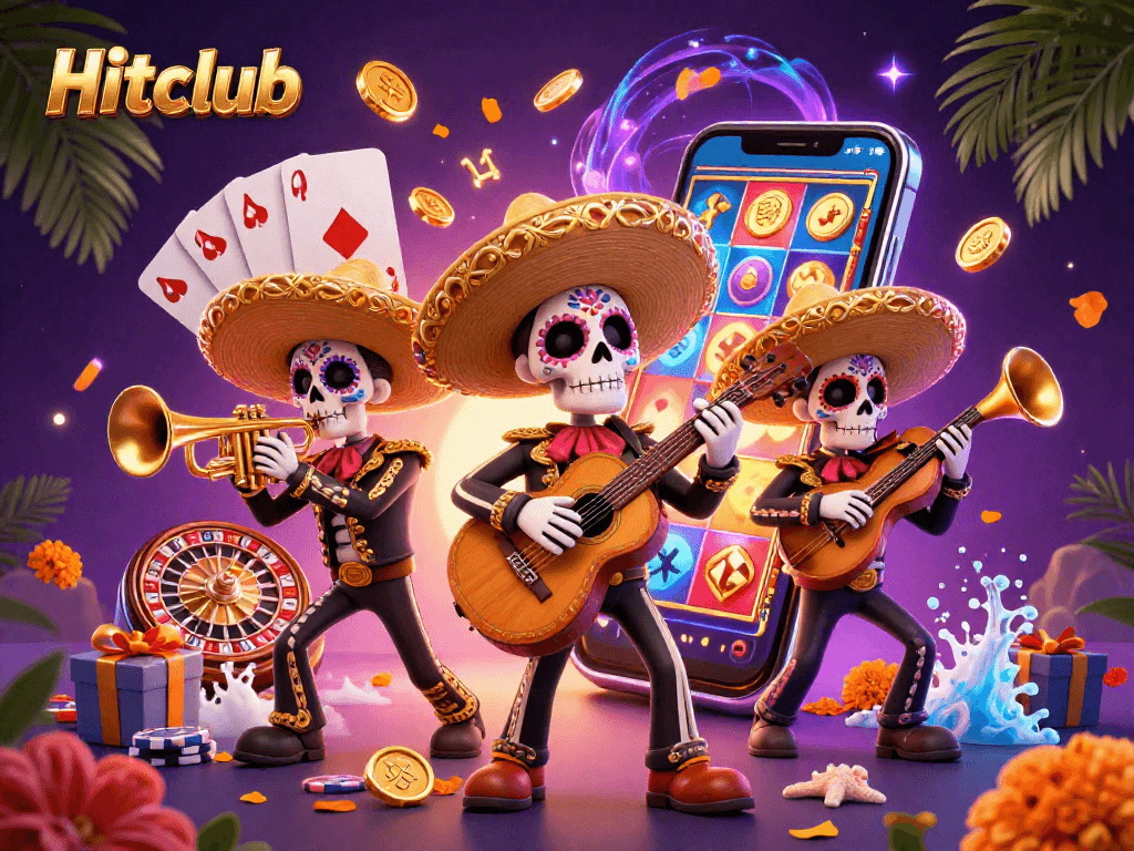 Experience excitement at Hitclub with colorful slot games and casino elements in vibrant 3D.