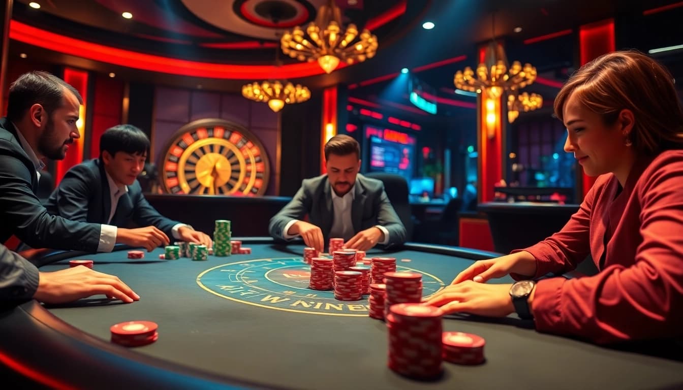 Thabet poker players engaging in an exciting high-stakes game at a modern casino table.