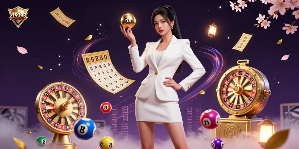 Play thrilling games at zt9398, featuring a stunning woman with a golden roulette ball and dynamic lottery elements.
